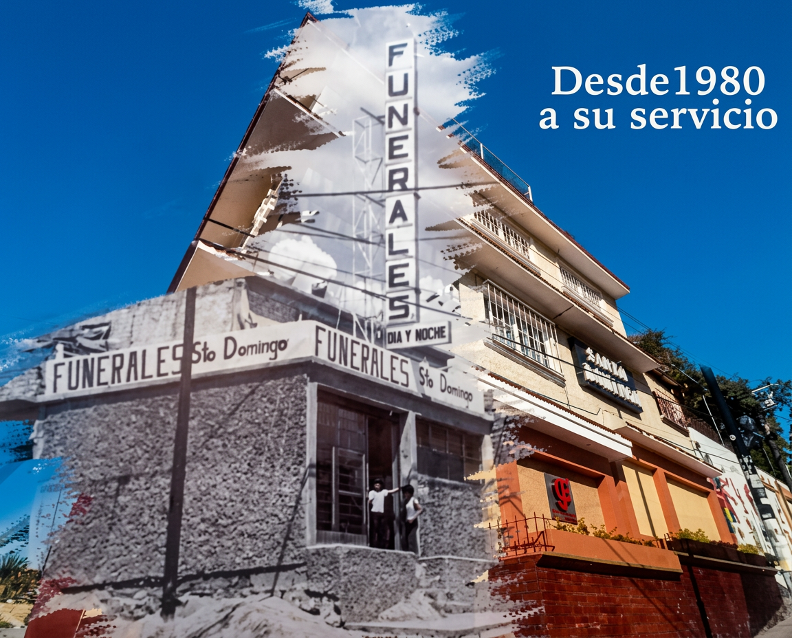 Fachada de Funeraria Santo Domingo: la sede original de 1980 fundida con la fachada actual